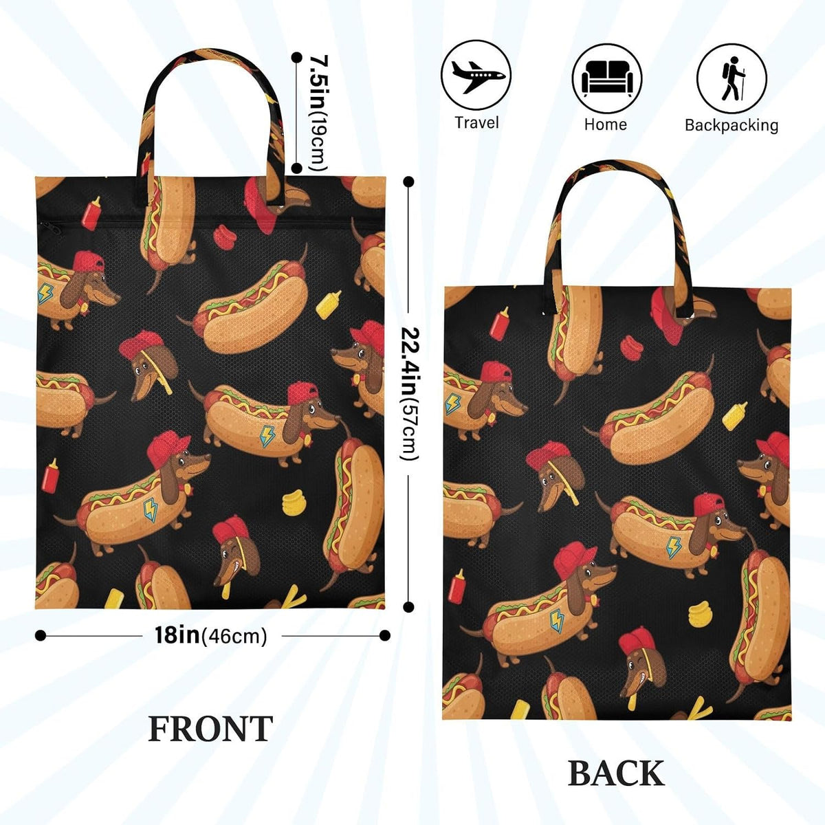 Funny Hot Dog Waterproof Travel Laundry Bag Easy Care 2-pk