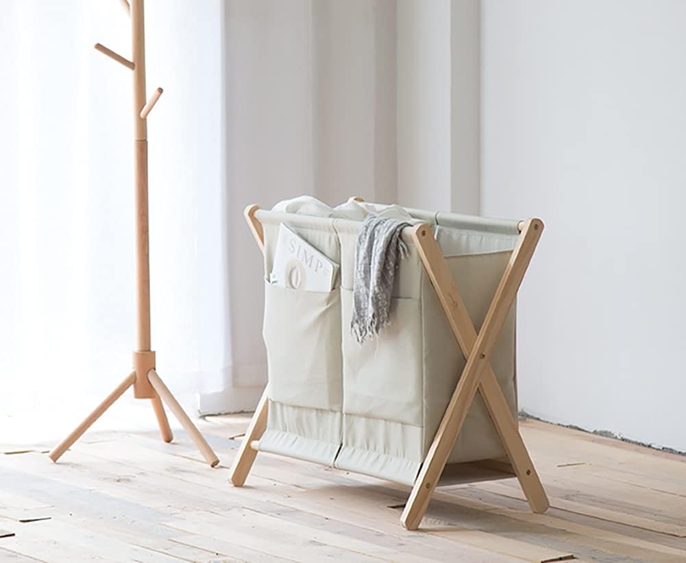 Laundry Hamper Laundry Room Organizing Double Laundry Baskets with Removable Bag, Foldable 2 Sections Laundry Hamper for Home/Bedroom/Bathroom/Nursery, Wood Frame(Beige)
