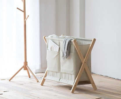 Laundry Hamper Laundry Room Organizing Double Laundry Baskets with Removable Bag, Foldable 2 Sections Laundry Hamper for Home/Bedroom/Bathroom/Nursery, Wood Frame(Beige)