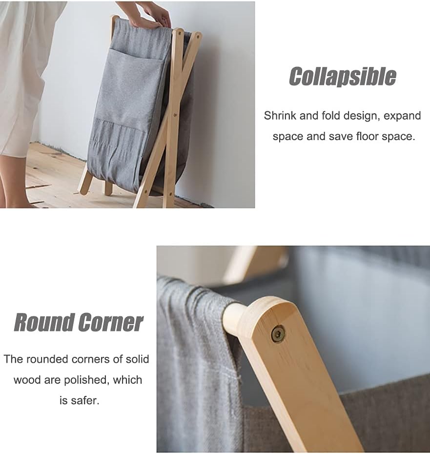Laundry Hamper Laundry Room Organizing Double Laundry Baskets with Removable Bag, Foldable 2 Sections Laundry Hamper for Home/Bedroom/Bathroom/Nursery, Wood Frame(Beige)