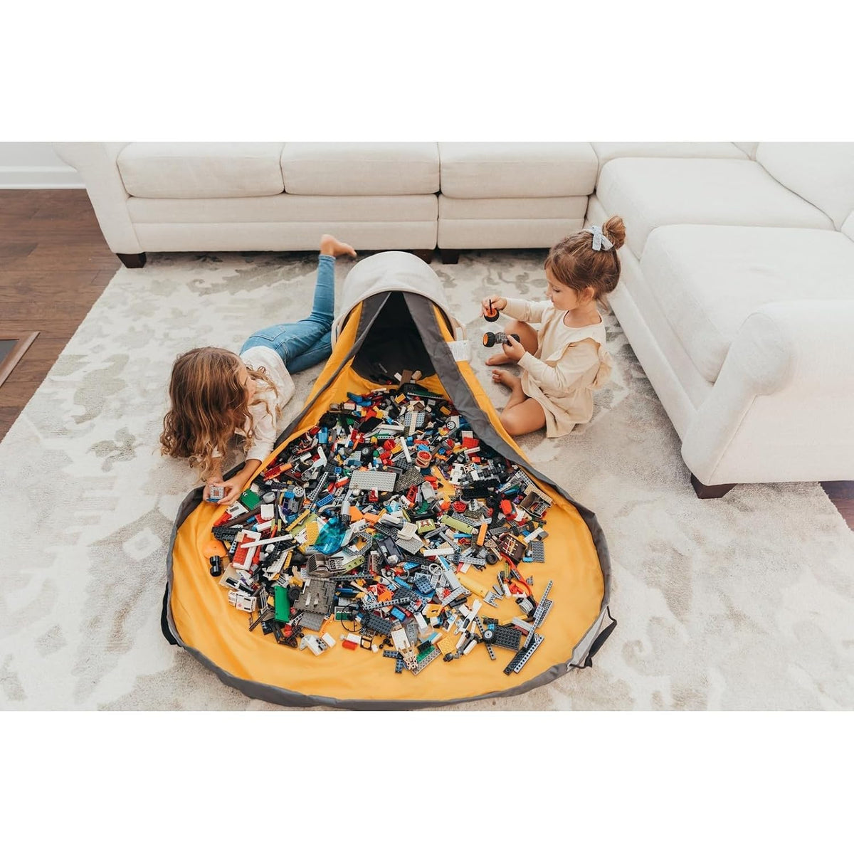 SlideAway Toy Storage Organizer & Extra Large 52" Play Mat, Collapsible Storage Bins for Building Bricks, Small Blocks, Toys, Drawstring Cleanup for Kids Playroom & Classroom, Blue