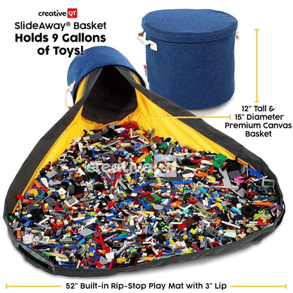 SlideAway Toy Storage Organizer & Extra Large 52" Play Mat, Collapsible Storage Bins for Building Bricks, Small Blocks, Toys, Drawstring Cleanup for Kids Playroom & Classroom, Blue