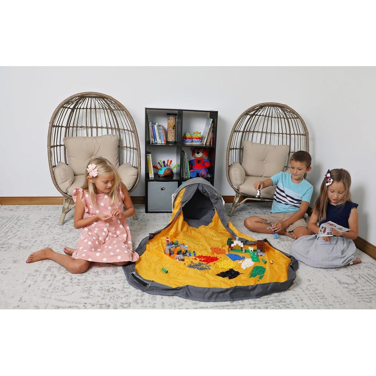 SlideAway Toy Storage Organizer & Extra Large 52" Play Mat, Collapsible Storage Bins for Building Bricks, Small Blocks, Toys, Drawstring Cleanup for Kids Playroom & Classroom, Blue