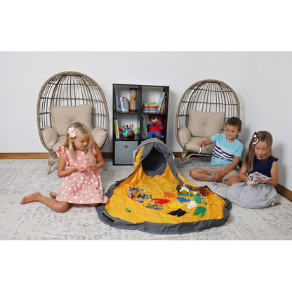 SlideAway Toy Storage Organizer & Extra Large 52" Play Mat, Collapsible Storage Bins for Building Bricks, Small Blocks, Toys, Drawstring Cleanup for Kids Playroom & Classroom, Blue