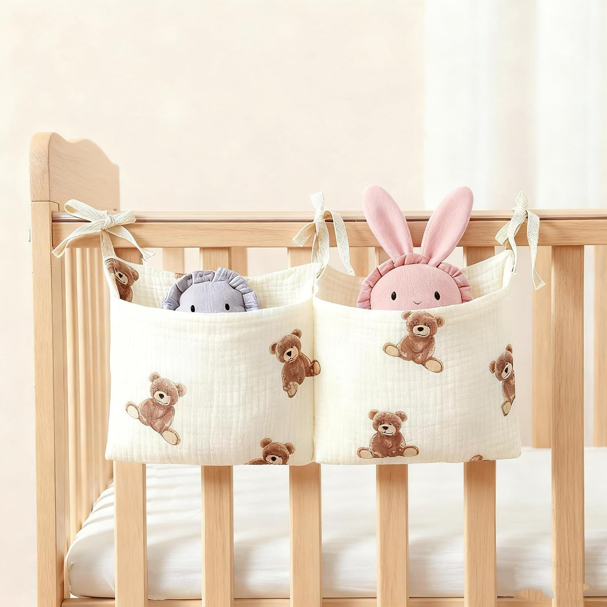 Muslin Cotton Baby Bedside Hanging Storage Bag, 2-Pocket Crib Diaper Caddy Organizer, Nursery Organization Holder for Cribs, Playard, Changing Table or Wall, Milk Bottle Bib Organizing Oatmeal