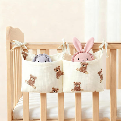 Muslin Cotton Baby Bedside Hanging Storage Bag, 2-Pocket Crib Diaper Caddy Organizer, Nursery Organization Holder for Cribs, Playard, Changing Table or Wall, Milk Bottle Bib Organizing Oatmeal
