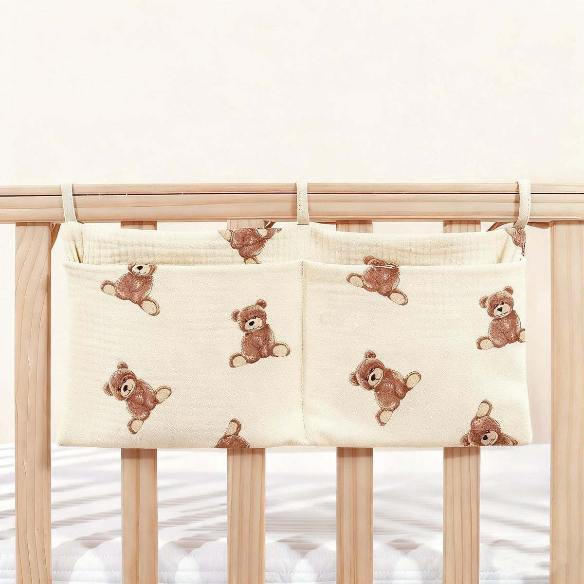 Muslin Cotton Baby Bedside Hanging Storage Bag, 2-Pocket Crib Diaper Caddy Organizer, Nursery Organization Holder for Cribs, Playard, Changing Table or Wall, Milk Bottle Bib Organizing Oatmeal