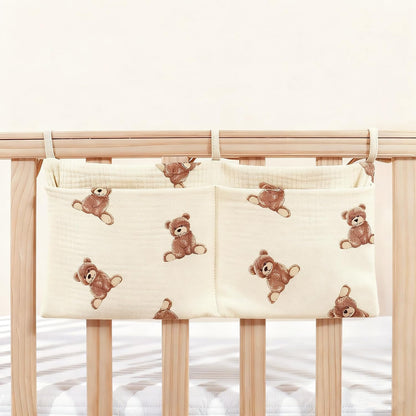 Muslin Cotton Baby Bedside Hanging Storage Bag, 2-Pocket Crib Diaper Caddy Organizer, Nursery Organization Holder for Cribs, Playard, Changing Table or Wall, Milk Bottle Bib Organizing Oatmeal