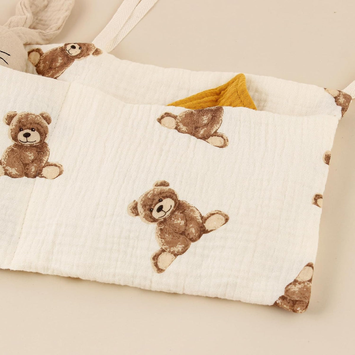 Muslin Cotton Baby Bedside Hanging Storage Bag, 2-Pocket Crib Diaper Caddy Organizer, Nursery Organization Holder for Cribs, Playard, Changing Table or Wall, Milk Bottle Bib Organizing Oatmeal