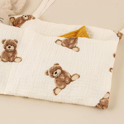 Muslin Cotton Baby Bedside Hanging Storage Bag, 2-Pocket Crib Diaper Caddy Organizer, Nursery Organization Holder for Cribs, Playard, Changing Table or Wall, Milk Bottle Bib Organizing Oatmeal