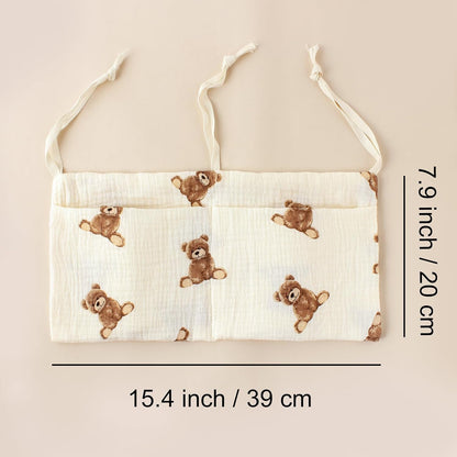 Muslin Cotton Baby Bedside Hanging Storage Bag, 2-Pocket Crib Diaper Caddy Organizer, Nursery Organization Holder for Cribs, Playard, Changing Table or Wall, Milk Bottle Bib Organizing Oatmeal