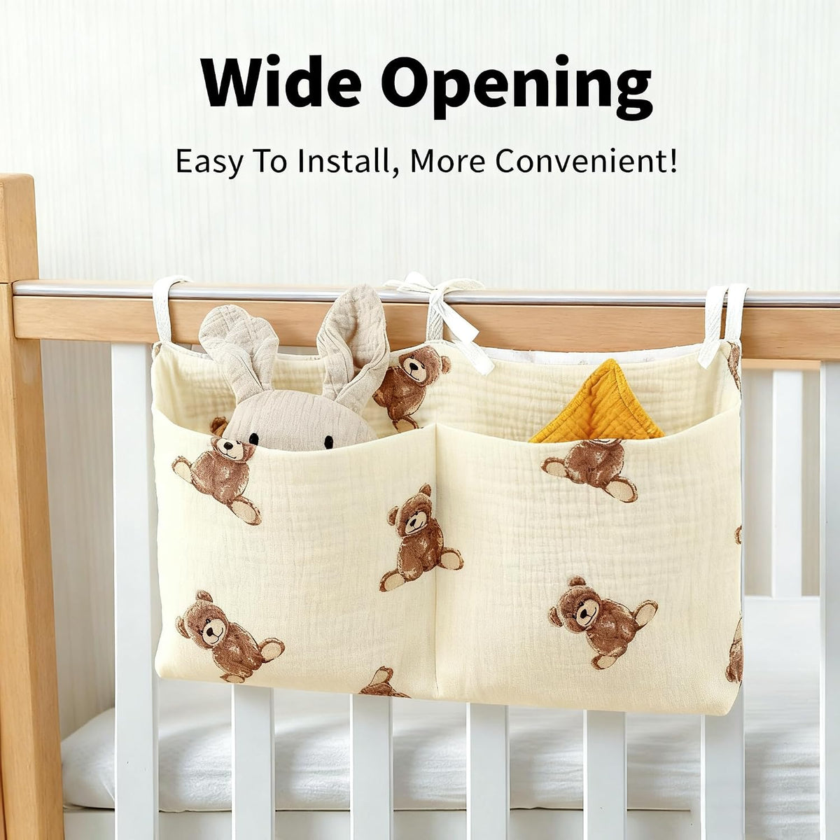Muslin Cotton Baby Bedside Hanging Storage Bag, 2-Pocket Crib Diaper Caddy Organizer, Nursery Organization Holder for Cribs, Playard, Changing Table or Wall, Milk Bottle Bib Organizing Oatmeal