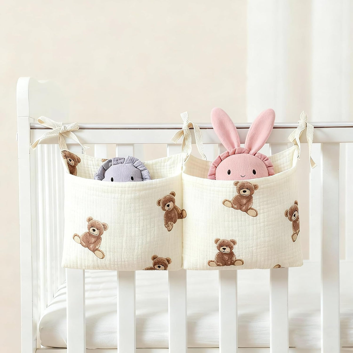 Muslin Cotton Baby Bedside Hanging Storage Bag, 2-Pocket Crib Diaper Caddy Organizer, Nursery Organization Holder for Cribs, Playard, Changing Table or Wall, Milk Bottle Bib Organizing Oatmeal