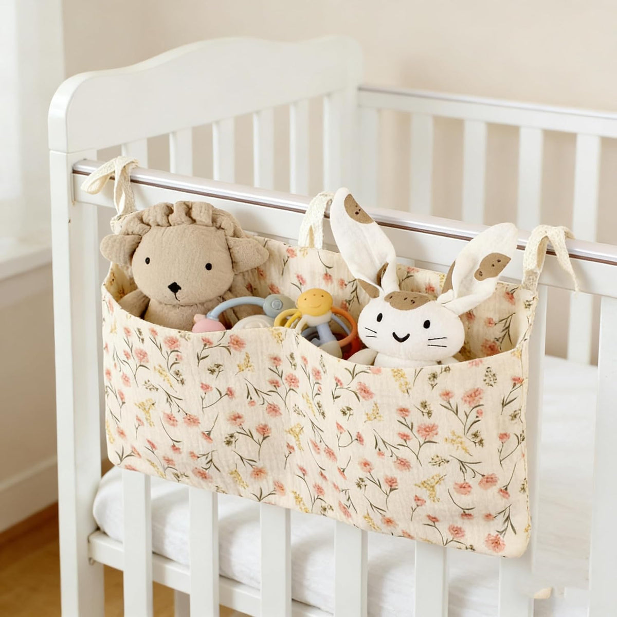 Muslin Cotton Baby Bedside Hanging Storage Bag, 2-Pocket Crib Diaper Caddy Organizer, Nursery Organization Holder for Cribs, Playard, Changing Table or Wall, Milk Bottle Bib Organizing Oatmeal