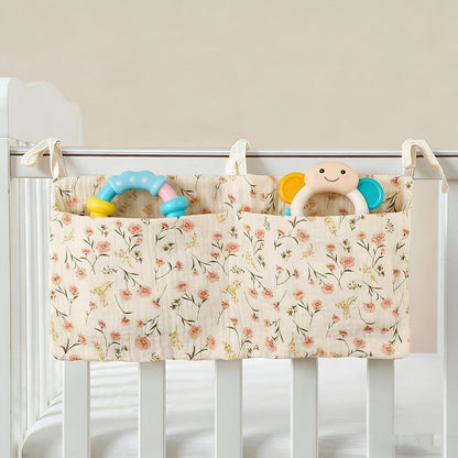 Muslin Cotton Baby Bedside Hanging Storage Bag, 2-Pocket Crib Diaper Caddy Organizer, Nursery Organization Holder for Cribs, Playard, Changing Table or Wall, Milk Bottle Bib Organizing Oatmeal