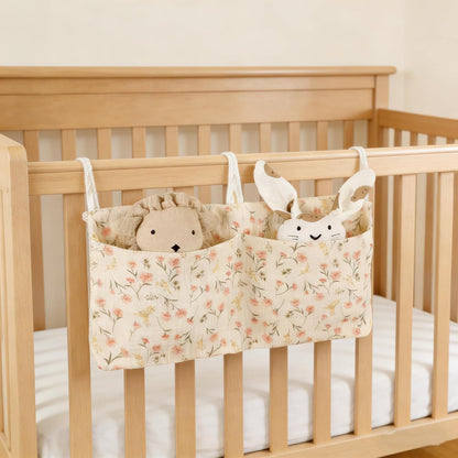 Muslin Cotton Baby Bedside Hanging Storage Bag, 2-Pocket Crib Diaper Caddy Organizer, Nursery Organization Holder for Cribs, Playard, Changing Table or Wall, Milk Bottle Bib Organizing Oatmeal