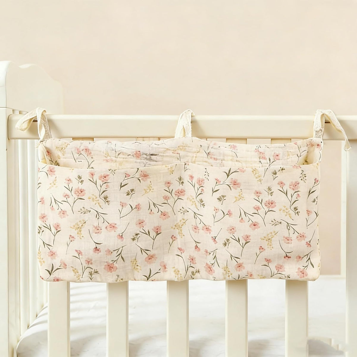 Muslin Cotton Baby Bedside Hanging Storage Bag, 2-Pocket Crib Diaper Caddy Organizer, Nursery Organization Holder for Cribs, Playard, Changing Table or Wall, Milk Bottle Bib Organizing Oatmeal