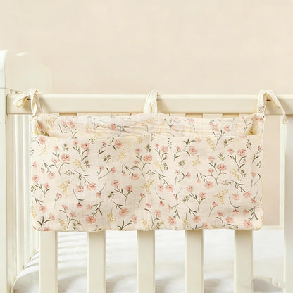 Muslin Cotton Baby Bedside Hanging Storage Bag, 2-Pocket Crib Diaper Caddy Organizer, Nursery Organization Holder for Cribs, Playard, Changing Table or Wall, Milk Bottle Bib Organizing Oatmeal