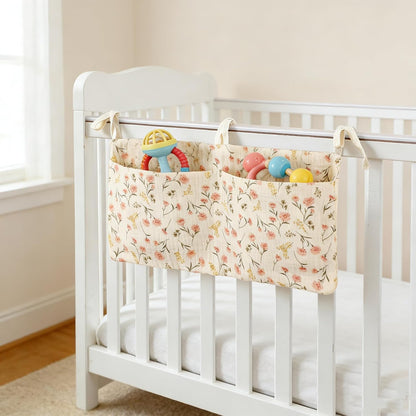 Muslin Cotton Baby Bedside Hanging Storage Bag, 2-Pocket Crib Diaper Caddy Organizer, Nursery Organization Holder for Cribs, Playard, Changing Table or Wall, Milk Bottle Bib Organizing Oatmeal