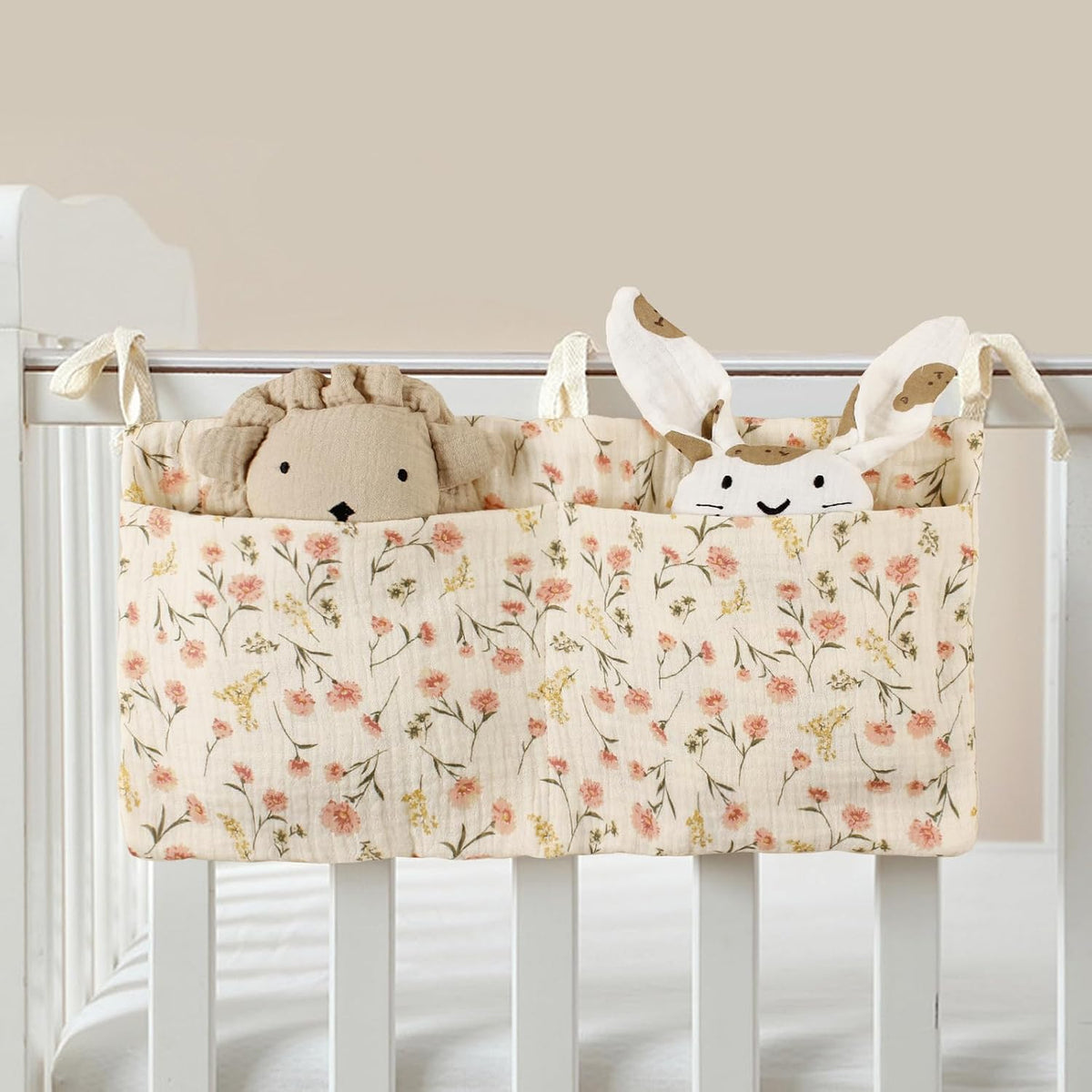 Muslin Cotton Baby Bedside Hanging Storage Bag, 2-Pocket Crib Diaper Caddy Organizer, Nursery Organization Holder for Cribs, Playard, Changing Table or Wall, Milk Bottle Bib Organizing Oatmeal