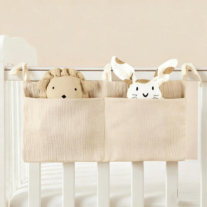 Muslin Cotton Baby Bedside Hanging Storage Bag, 2-Pocket Crib Diaper Caddy Organizer, Nursery Organization Holder for Cribs, Playard, Changing Table or Wall, Milk Bottle Bib Organizing Oatmeal
