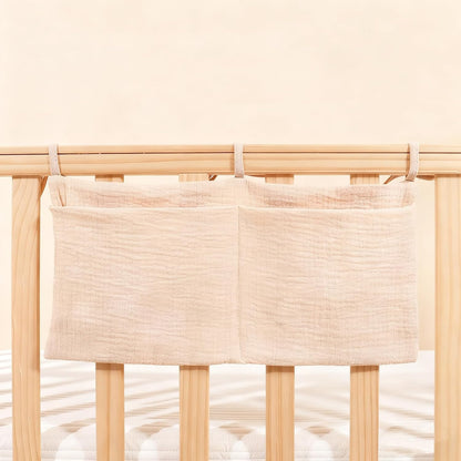 Muslin Cotton Baby Bedside Hanging Storage Bag, 2-Pocket Crib Diaper Caddy Organizer, Nursery Organization Holder for Cribs, Playard, Changing Table or Wall, Milk Bottle Bib Organizing Oatmeal