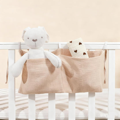 Muslin Cotton Baby Bedside Hanging Storage Bag, 2-Pocket Crib Diaper Caddy Organizer, Nursery Organization Holder for Cribs, Playard, Changing Table or Wall, Milk Bottle Bib Organizing Oatmeal
