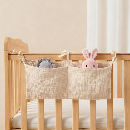Muslin Cotton Baby Bedside Hanging Storage Bag, 2-Pocket Crib Diaper Caddy Organizer, Nursery Organization Holder for Cribs, Playard, Changing Table or Wall, Milk Bottle Bib Organizing Oatmeal