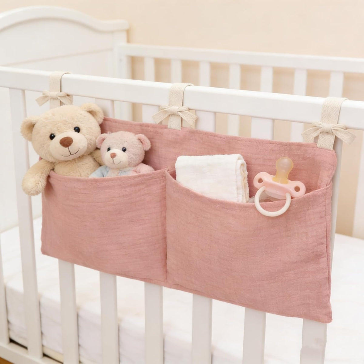 Muslin Cotton Baby Bedside Hanging Storage Bag, 2-Pocket Crib Diaper Caddy Organizer, Nursery Organization Holder for Cribs, Playard, Changing Table or Wall, Milk Bottle Bib Organizing Oatmeal