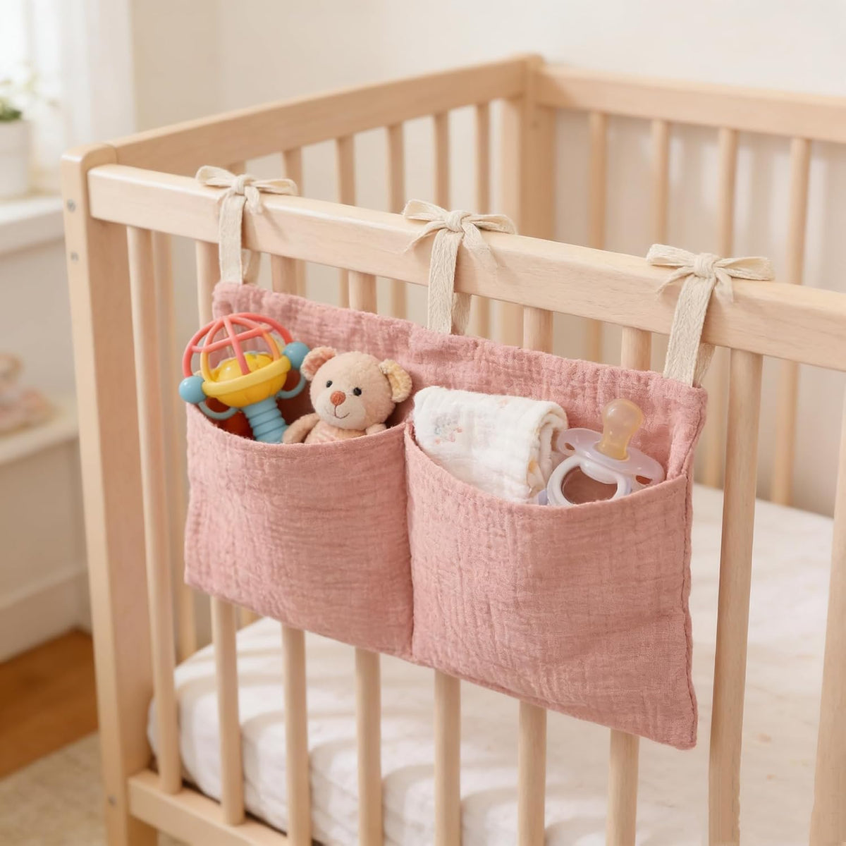 Muslin Cotton Baby Bedside Hanging Storage Bag, 2-Pocket Crib Diaper Caddy Organizer, Nursery Organization Holder for Cribs, Playard, Changing Table or Wall, Milk Bottle Bib Organizing Oatmeal