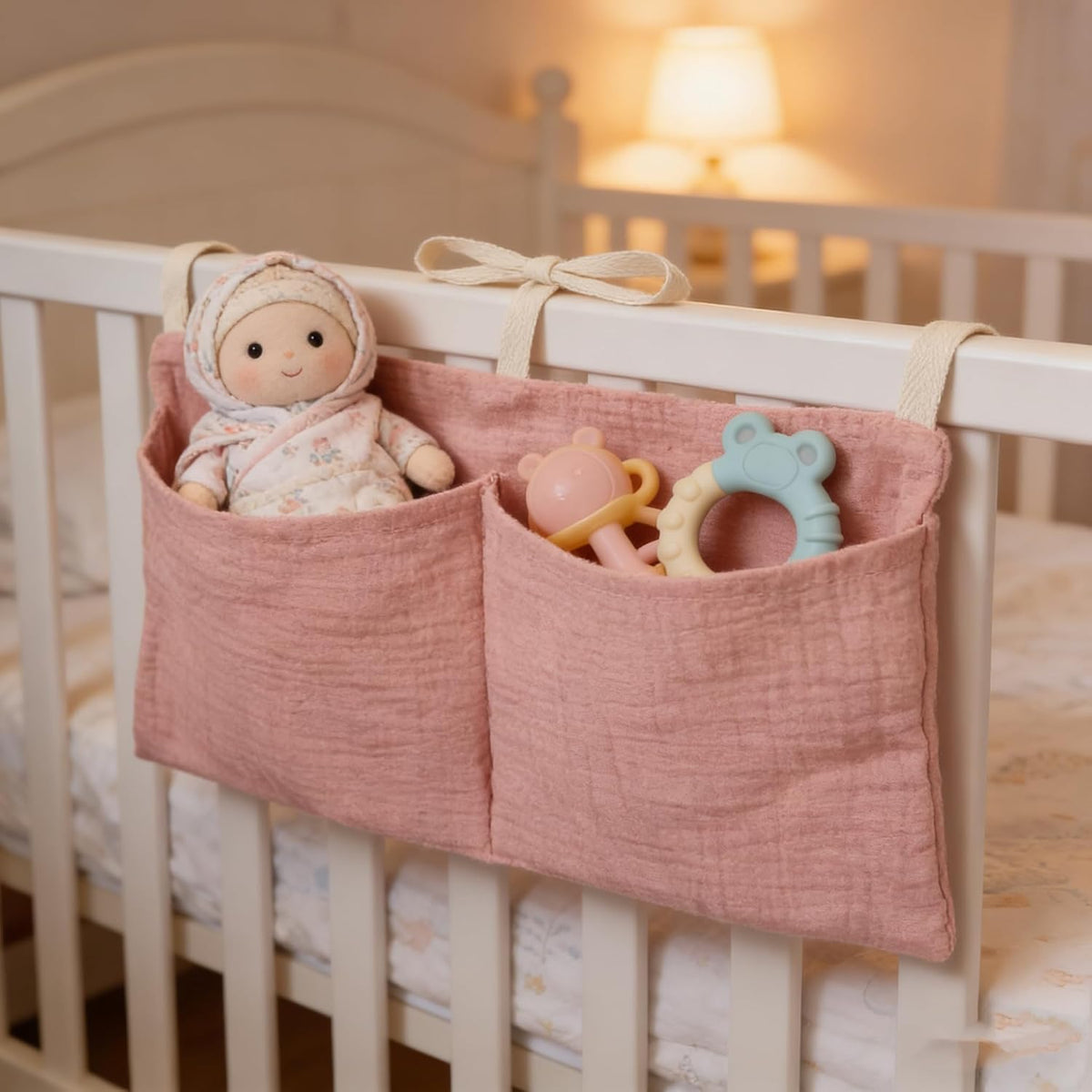 Muslin Cotton Baby Bedside Hanging Storage Bag, 2-Pocket Crib Diaper Caddy Organizer, Nursery Organization Holder for Cribs, Playard, Changing Table or Wall, Milk Bottle Bib Organizing Oatmeal