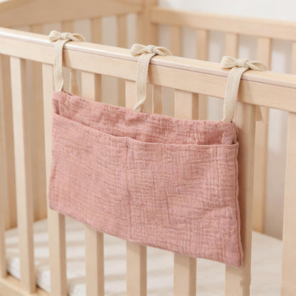 Muslin Cotton Baby Bedside Hanging Storage Bag, 2-Pocket Crib Diaper Caddy Organizer, Nursery Organization Holder for Cribs, Playard, Changing Table or Wall, Milk Bottle Bib Organizing Oatmeal
