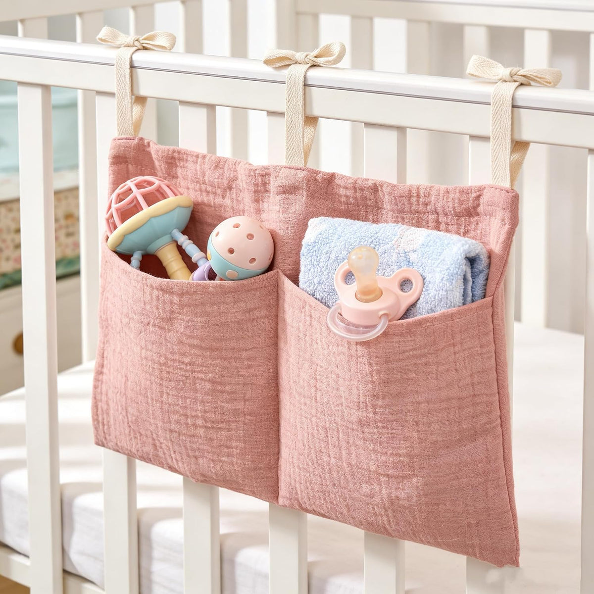 Muslin Cotton Baby Bedside Hanging Storage Bag, 2-Pocket Crib Diaper Caddy Organizer, Nursery Organization Holder for Cribs, Playard, Changing Table or Wall, Milk Bottle Bib Organizing Oatmeal