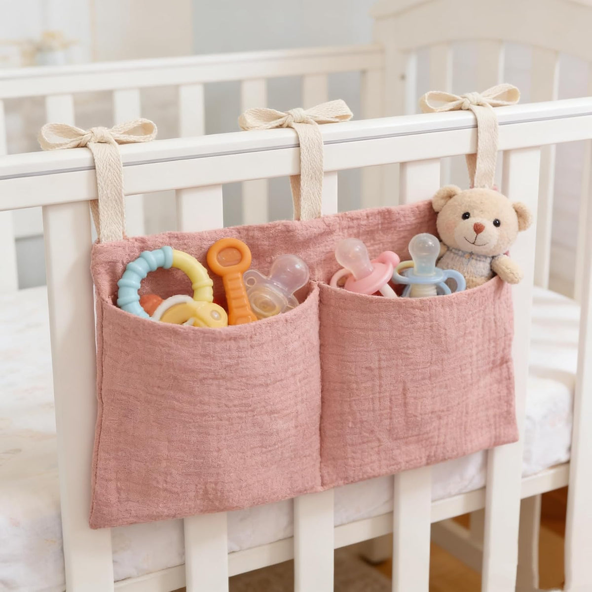 Muslin Cotton Baby Bedside Hanging Storage Bag, 2-Pocket Crib Diaper Caddy Organizer, Nursery Organization Holder for Cribs, Playard, Changing Table or Wall, Milk Bottle Bib Organizing Oatmeal