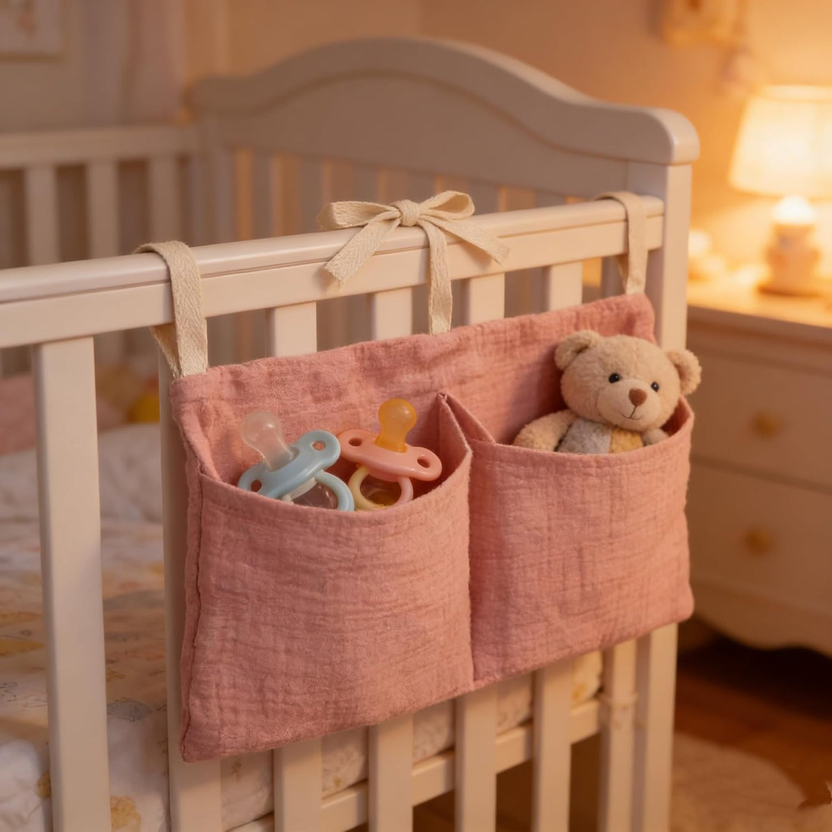 Muslin Cotton Baby Bedside Hanging Storage Bag, 2-Pocket Crib Diaper Caddy Organizer, Nursery Organization Holder for Cribs, Playard, Changing Table or Wall, Milk Bottle Bib Organizing Oatmeal