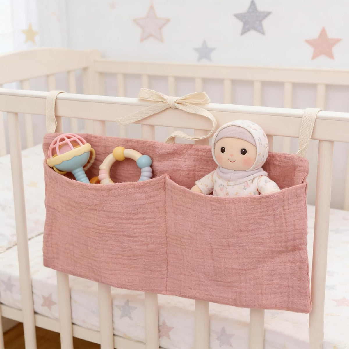 Muslin Cotton Baby Bedside Hanging Storage Bag, 2-Pocket Crib Diaper Caddy Organizer, Nursery Organization Holder for Cribs, Playard, Changing Table or Wall, Milk Bottle Bib Organizing Oatmeal