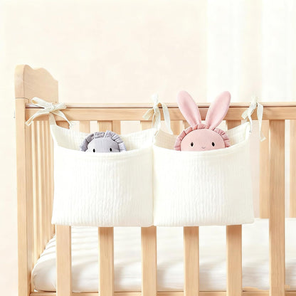 Muslin Cotton Baby Bedside Hanging Storage Bag, 2-Pocket Crib Diaper Caddy Organizer, Nursery Organization Holder for Cribs, Playard, Changing Table or Wall, Milk Bottle Bib Organizing Oatmeal