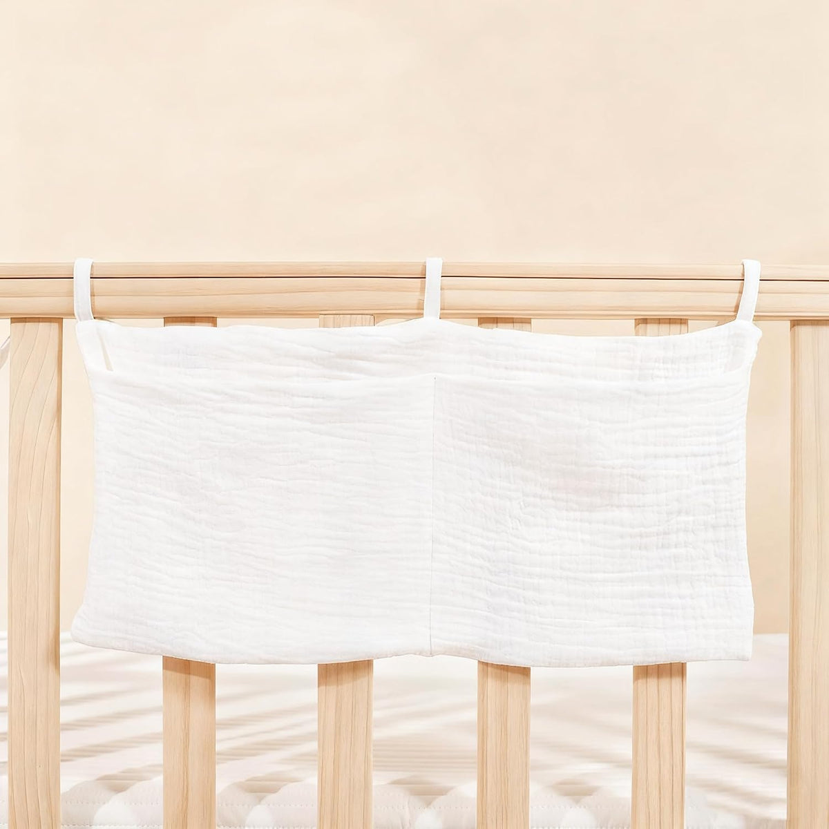 Muslin Cotton Baby Bedside Hanging Storage Bag, 2-Pocket Crib Diaper Caddy Organizer, Nursery Organization Holder for Cribs, Playard, Changing Table or Wall, Milk Bottle Bib Organizing Oatmeal