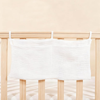 Muslin Cotton Baby Bedside Hanging Storage Bag, 2-Pocket Crib Diaper Caddy Organizer, Nursery Organization Holder for Cribs, Playard, Changing Table or Wall, Milk Bottle Bib Organizing Oatmeal