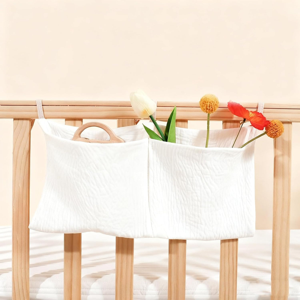 Muslin Cotton Baby Bedside Hanging Storage Bag, 2-Pocket Crib Diaper Caddy Organizer, Nursery Organization Holder for Cribs, Playard, Changing Table or Wall, Milk Bottle Bib Organizing Oatmeal