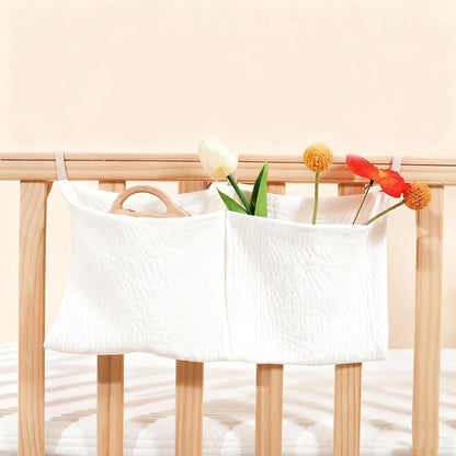 Muslin Cotton Baby Bedside Hanging Storage Bag, 2-Pocket Crib Diaper Caddy Organizer, Nursery Organization Holder for Cribs, Playard, Changing Table or Wall, Milk Bottle Bib Organizing Oatmeal
