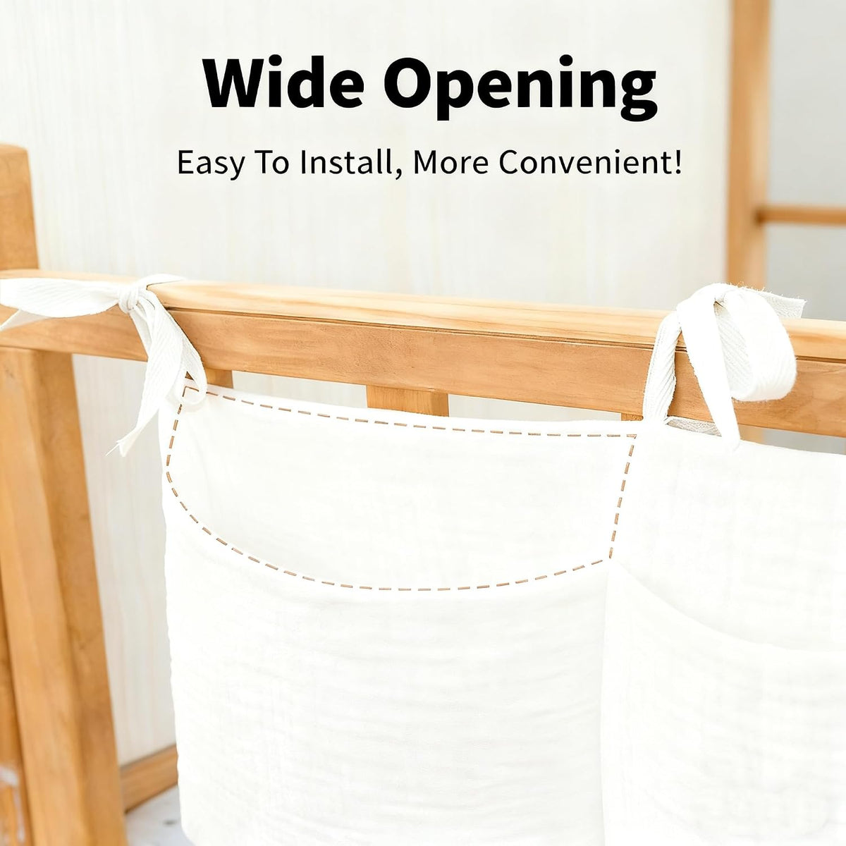 Muslin Cotton Baby Bedside Hanging Storage Bag, 2-Pocket Crib Diaper Caddy Organizer, Nursery Organization Holder for Cribs, Playard, Changing Table or Wall, Milk Bottle Bib Organizing Oatmeal