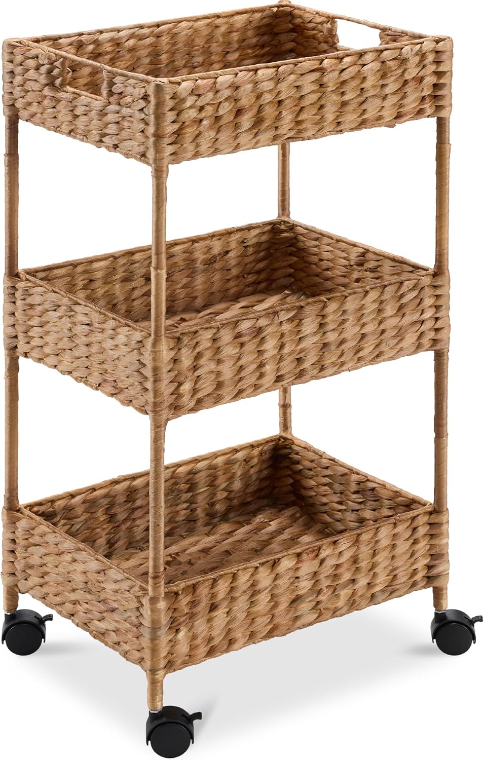 3-Tier Water Hyacinth Rolling Nursery Caddy w/Wheels, Utility Cart, Storage Organization for Bathroom, Craft Room, Laundry Room - Natural