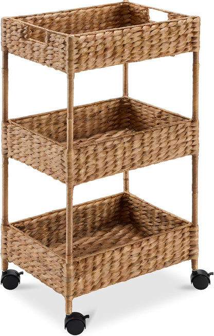 3-Tier Water Hyacinth Rolling Nursery Caddy w/Wheels, Utility Cart, Storage Organization for Bathroom, Craft Room, Laundry Room - Natural
