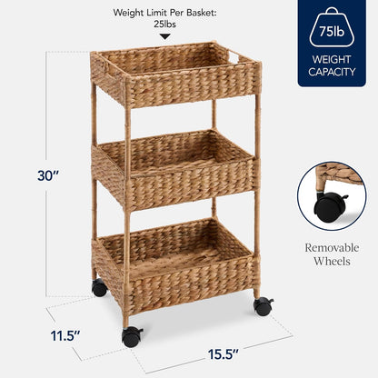 3-Tier Water Hyacinth Rolling Nursery Caddy w/Wheels, Utility Cart, Storage Organization for Bathroom, Craft Room, Laundry Room - Natural