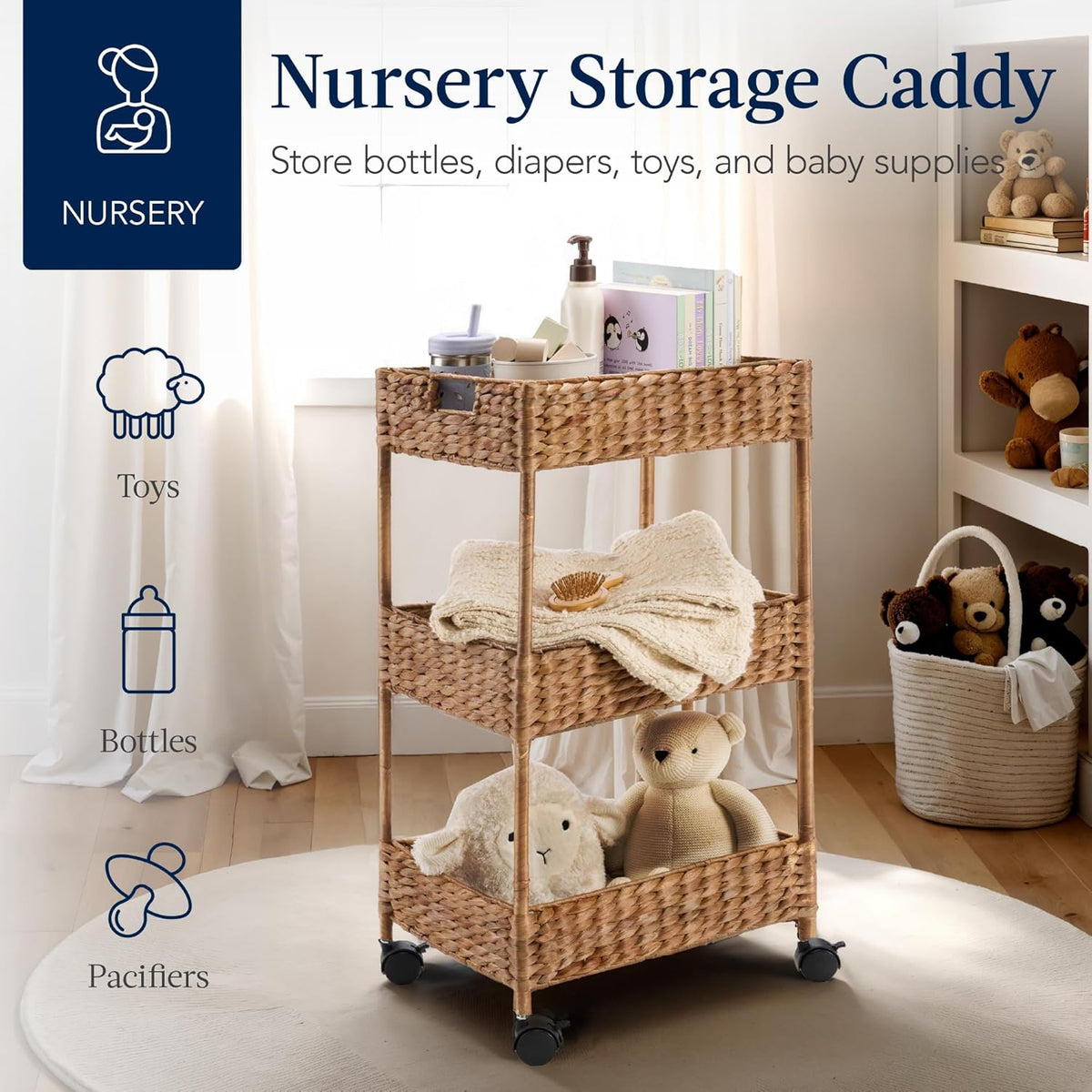 3-Tier Water Hyacinth Rolling Nursery Caddy w/Wheels, Utility Cart, Storage Organization for Bathroom, Craft Room, Laundry Room - Natural