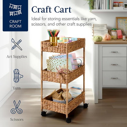 3-Tier Water Hyacinth Rolling Nursery Caddy w/Wheels, Utility Cart, Storage Organization for Bathroom, Craft Room, Laundry Room - Natural
