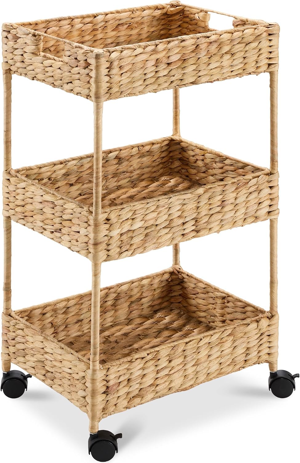 3-Tier Water Hyacinth Rolling Nursery Caddy w/Wheels, Utility Cart, Storage Organization for Bathroom, Craft Room, Laundry Room - Natural