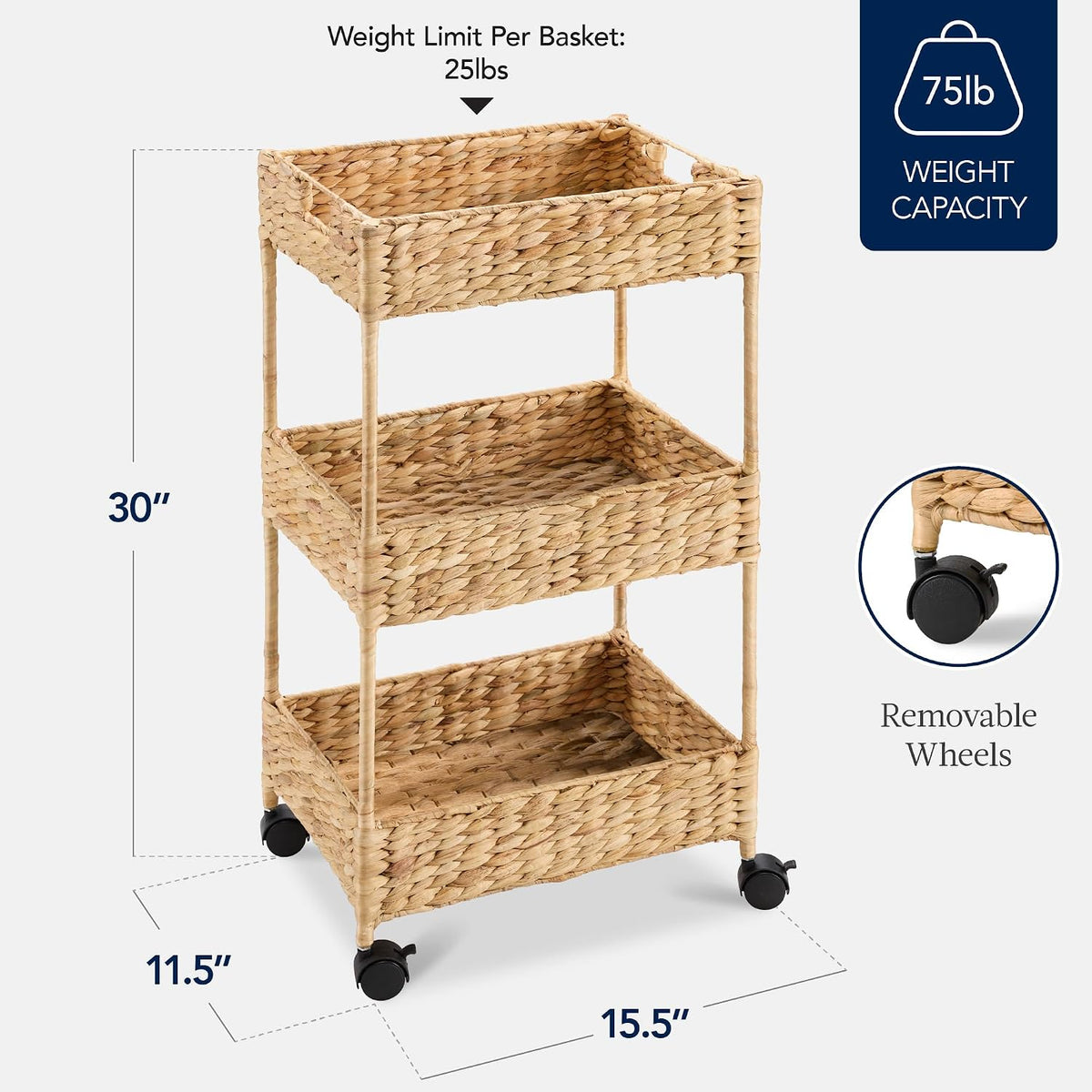 3-Tier Water Hyacinth Rolling Nursery Caddy w/Wheels, Utility Cart, Storage Organization for Bathroom, Craft Room, Laundry Room - Natural