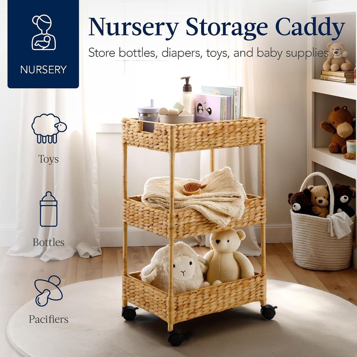 3-Tier Water Hyacinth Rolling Nursery Caddy w/Wheels, Utility Cart, Storage Organization for Bathroom, Craft Room, Laundry Room - Natural